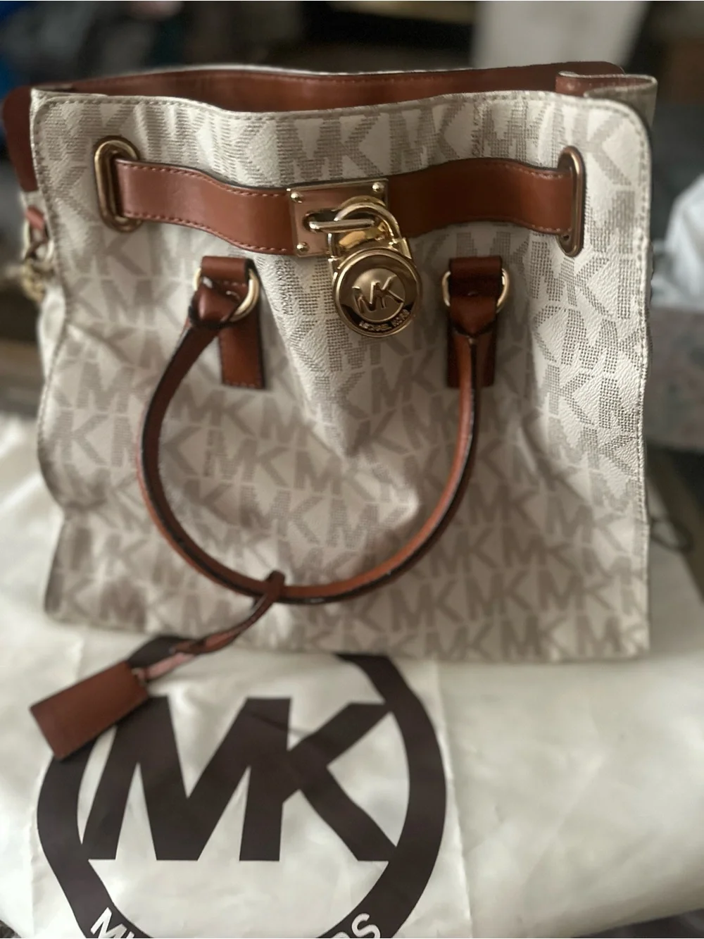 Michael Kors Hamilton Cream & Brown Logo Satchel with Gold Hardware